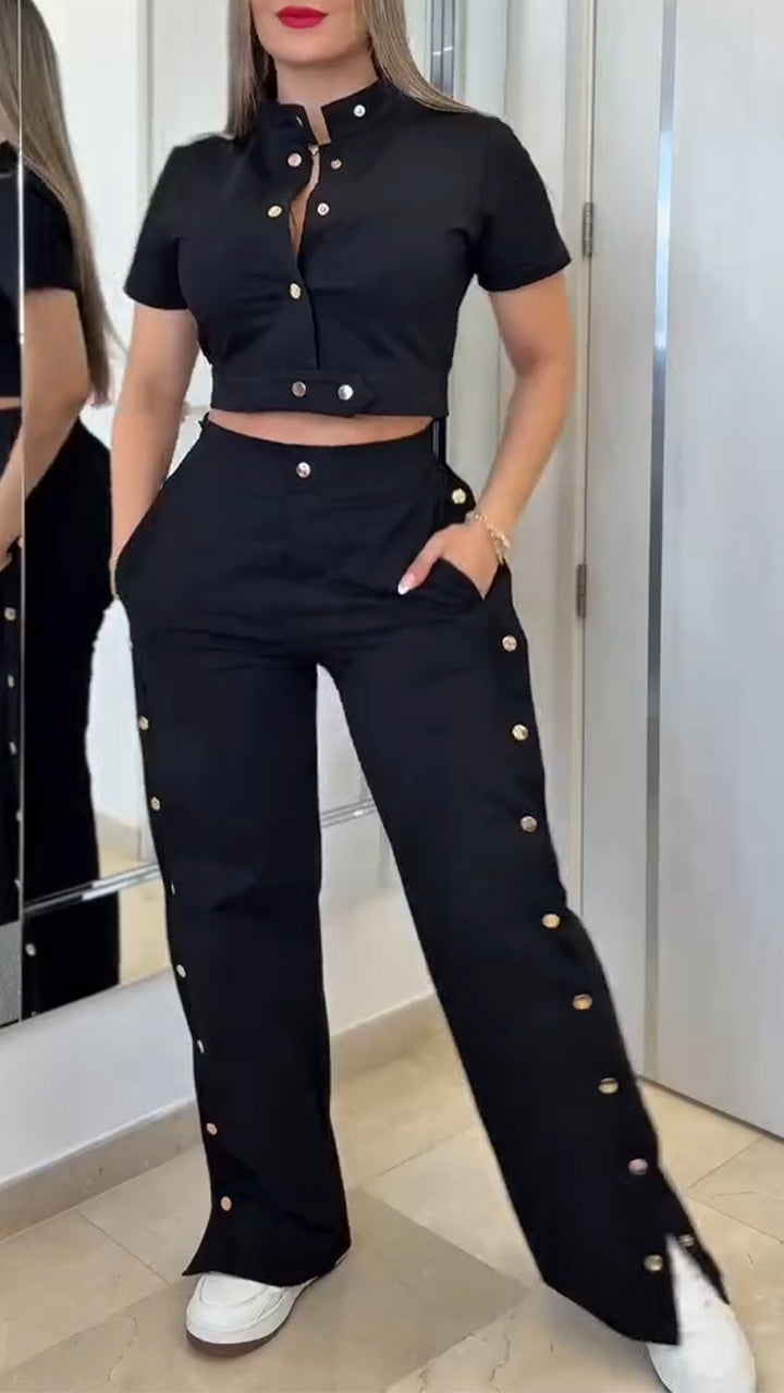 Women's Stand Collar Top + Side Button Trousers Casual Set(Buy 2 Free Shipping)