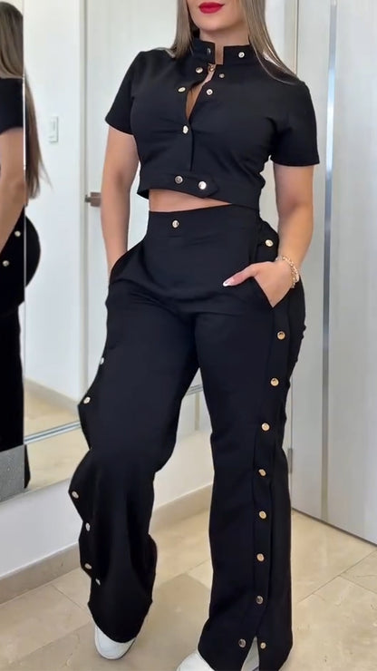 Women's Stand Collar Top + Side Button Trousers Casual Set(Buy 2 Free Shipping)