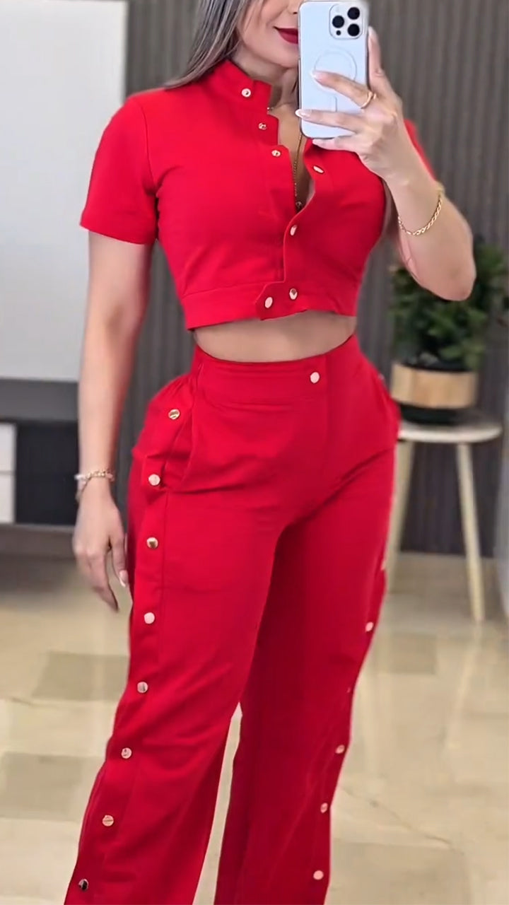 Women's Stand Collar Top + Side Button Trousers Casual Set(Buy 2 Free Shipping)