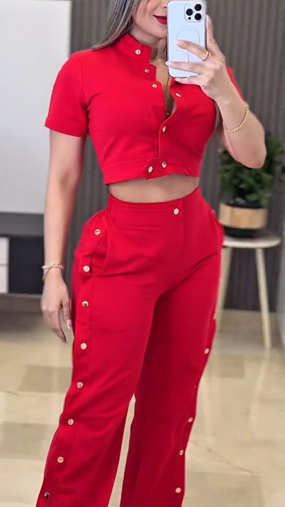 Women's Stand Collar Top + Side Button Trousers Casual Set(Buy 2 Free Shipping)