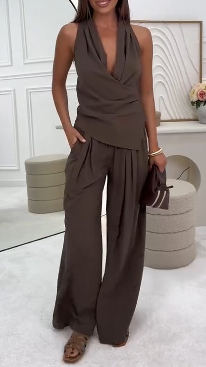 Women's V-neck Hanging Neck Top+pants Casual Suit(Buy 2 Free Shipping)