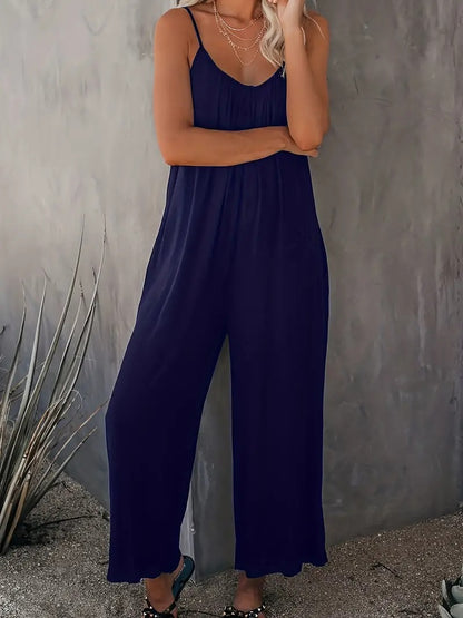 Boho Spaghetti Ruched Jumpsuit, Casual Sleeveless Long Length Wide Leg Jumpsuit, Women's Clothing