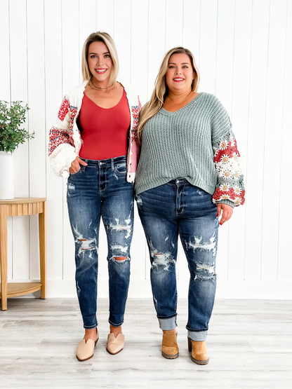 Tummy Control Distressed Cuffed Boyfriend Jeans (Buy 2 Free Shipping)