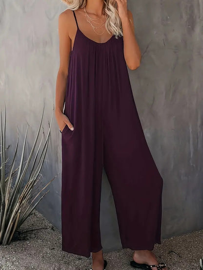 Boho Spaghetti Ruched Jumpsuit, Casual Sleeveless Long Length Wide Leg Jumpsuit, Women's Clothing