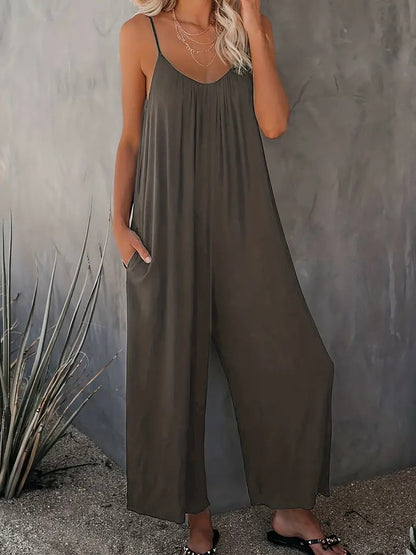 Boho Spaghetti Ruched Jumpsuit, Casual Sleeveless Long Length Wide Leg Jumpsuit, Women's Clothing