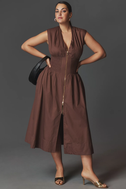 Cap-Sleeve Smocked Front-Zip Shirt Dress(BUY 2 FREE SHIPPING)