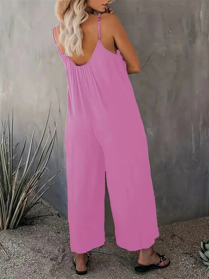 Boho Spaghetti Ruched Jumpsuit, Casual Sleeveless Long Length Wide Leg Jumpsuit, Women's Clothing