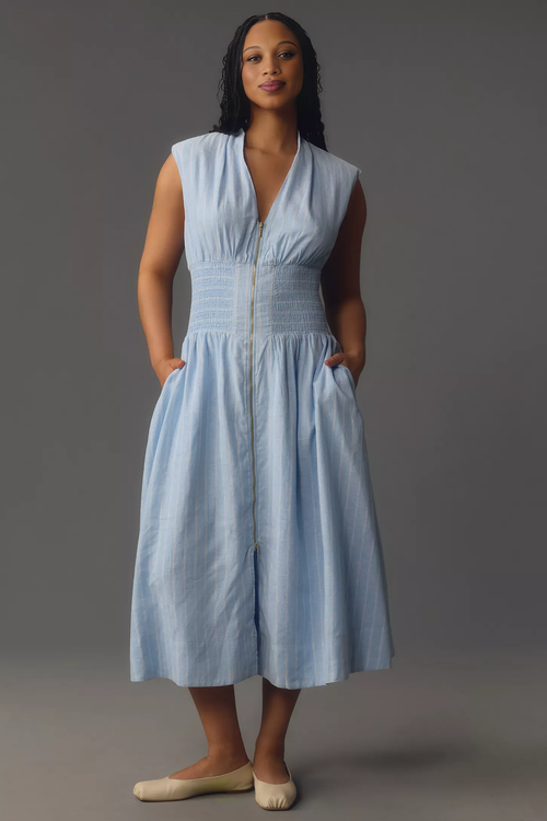 Cap-Sleeve Smocked Front-Zip Shirt Dress(BUY 2 FREE SHIPPING)