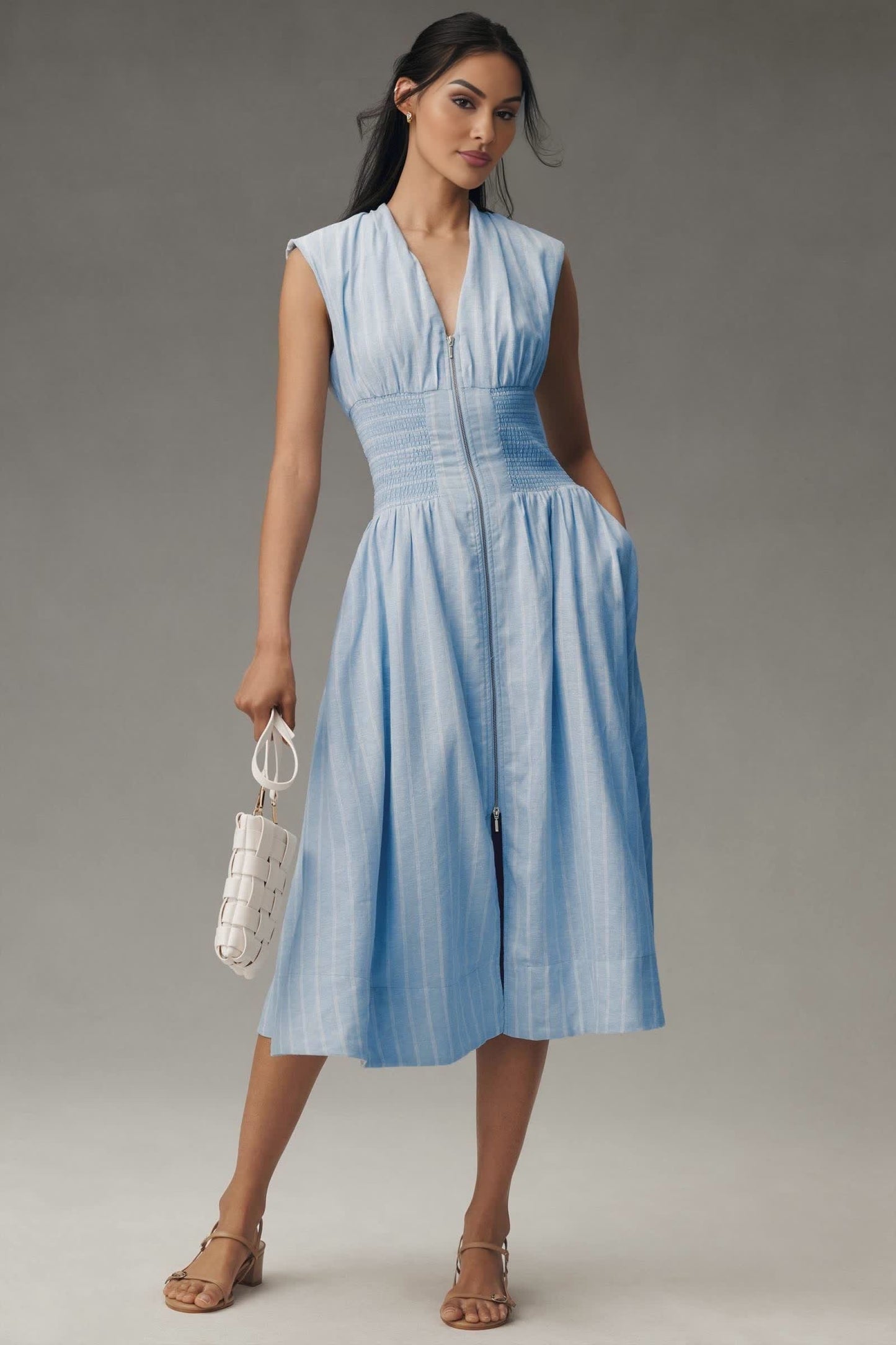 Cap-Sleeve Smocked Front-Zip Shirt Dress(BUY 2 FREE SHIPPING)