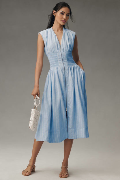 Cap-Sleeve Smocked Front-Zip Shirt Dress(BUY 2 FREE SHIPPING)