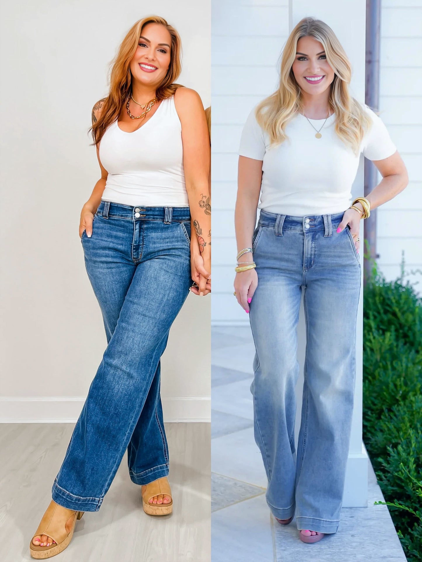 High Rise Double Button Wide Leg Jeans (Buy 2 Free Shipping)