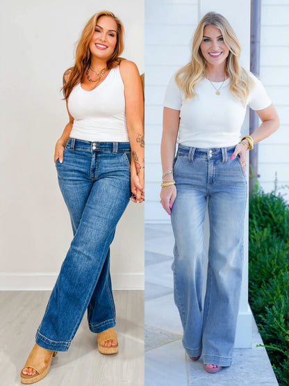 High Rise Double Button Wide Leg Jeans (Buy 2 Free Shipping)