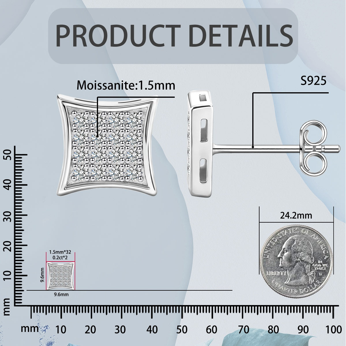 Hip Hop Cubic Stud Earrings VVS Synthetic Moissanite S925 Stud