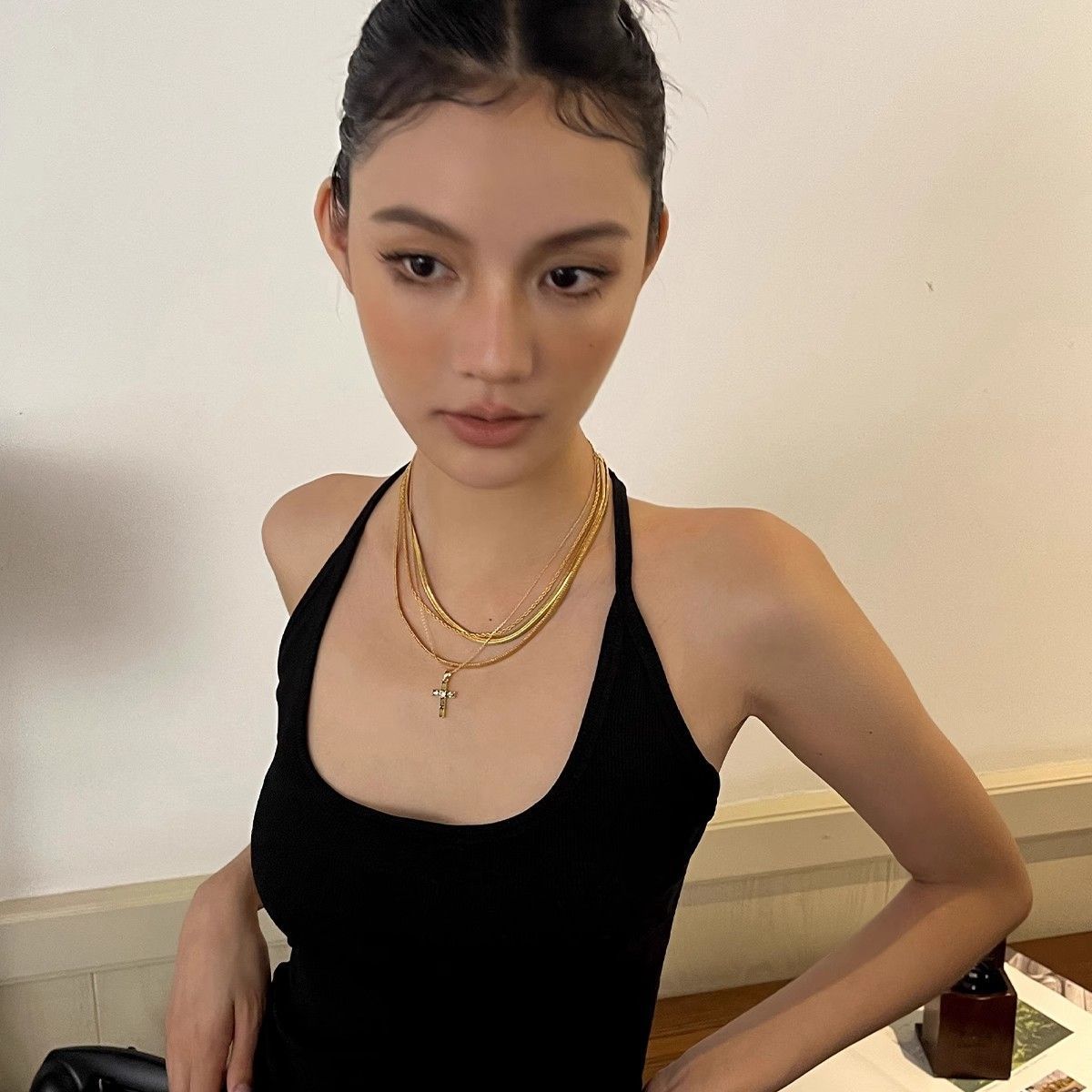 Gold Double - Layered Cross Necklace