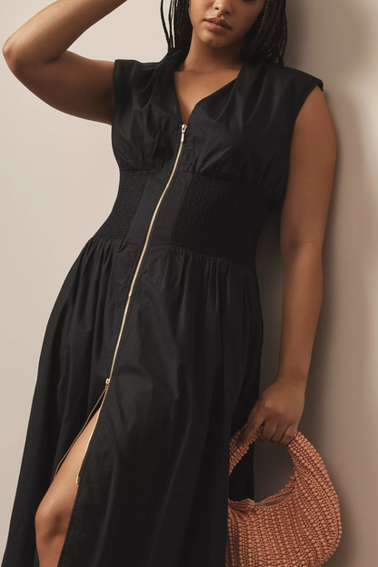 Cap-Sleeve Smocked Front-Zip Shirt Dress(BUY 2 FREE SHIPPING)